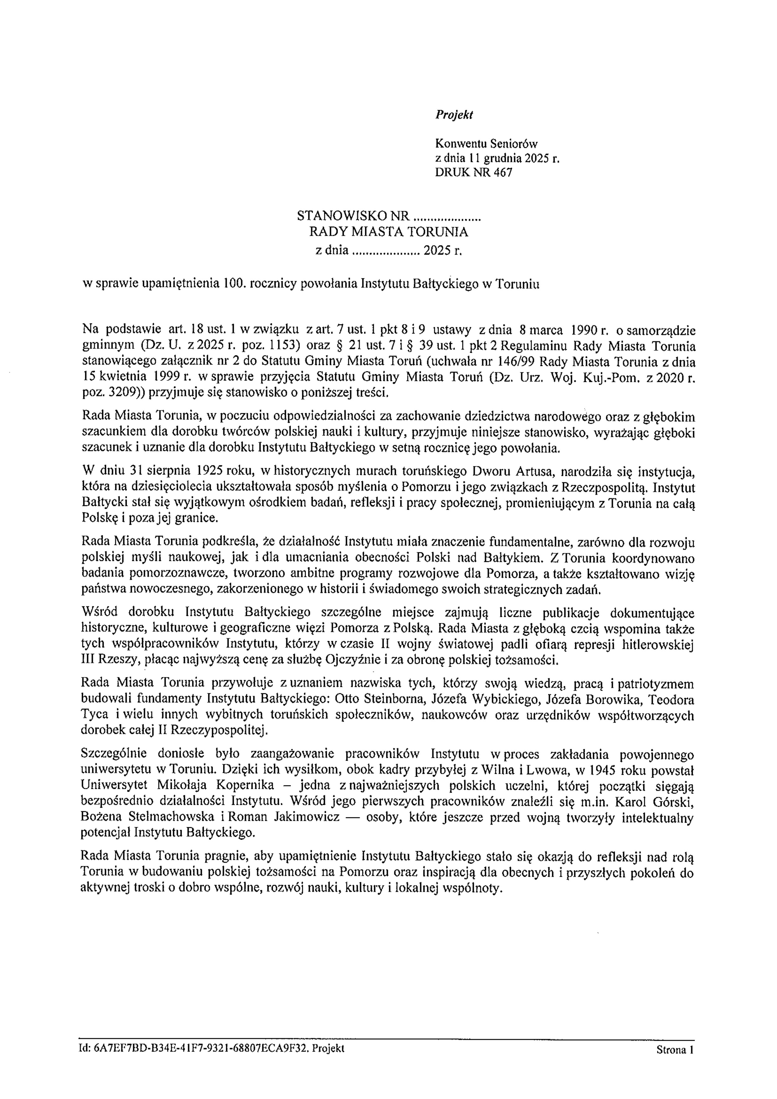 Stanowisko w 100. rocznicę powołania Instytutu Bałtyckiego w Toruniu_str_1