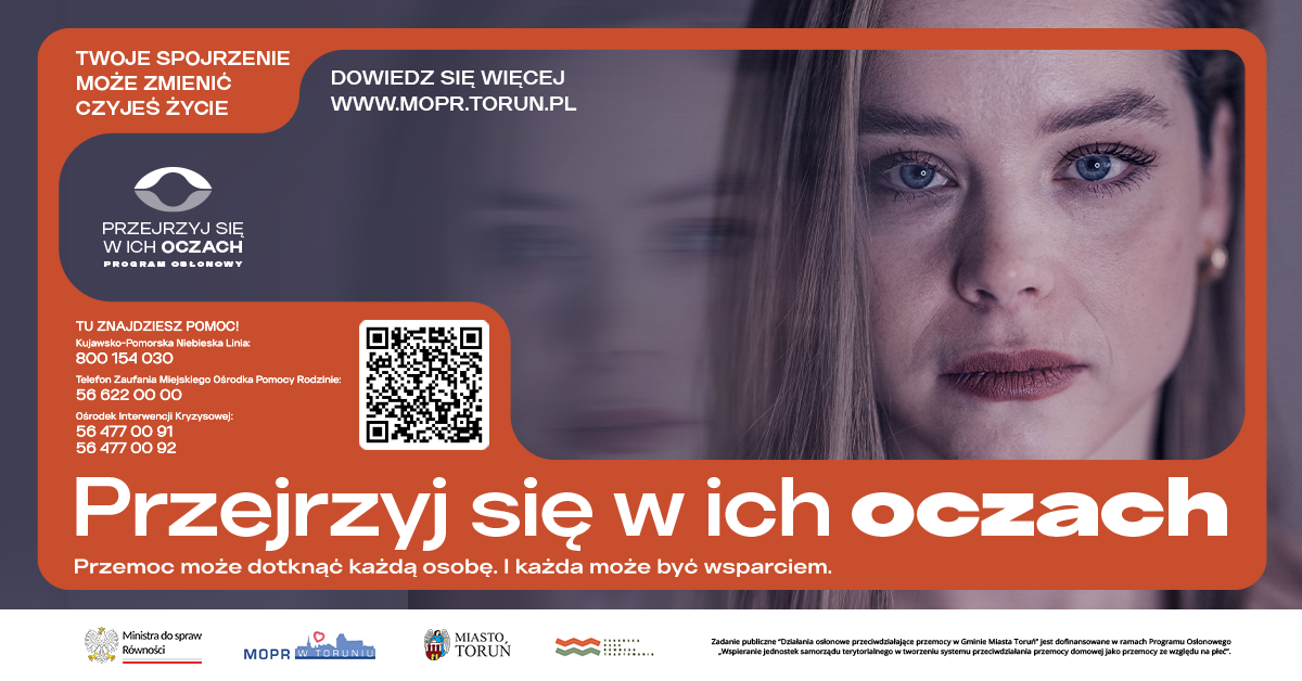 Zbliżenie twarzy kobiety i napis: Przejrzj się w ich oczach.