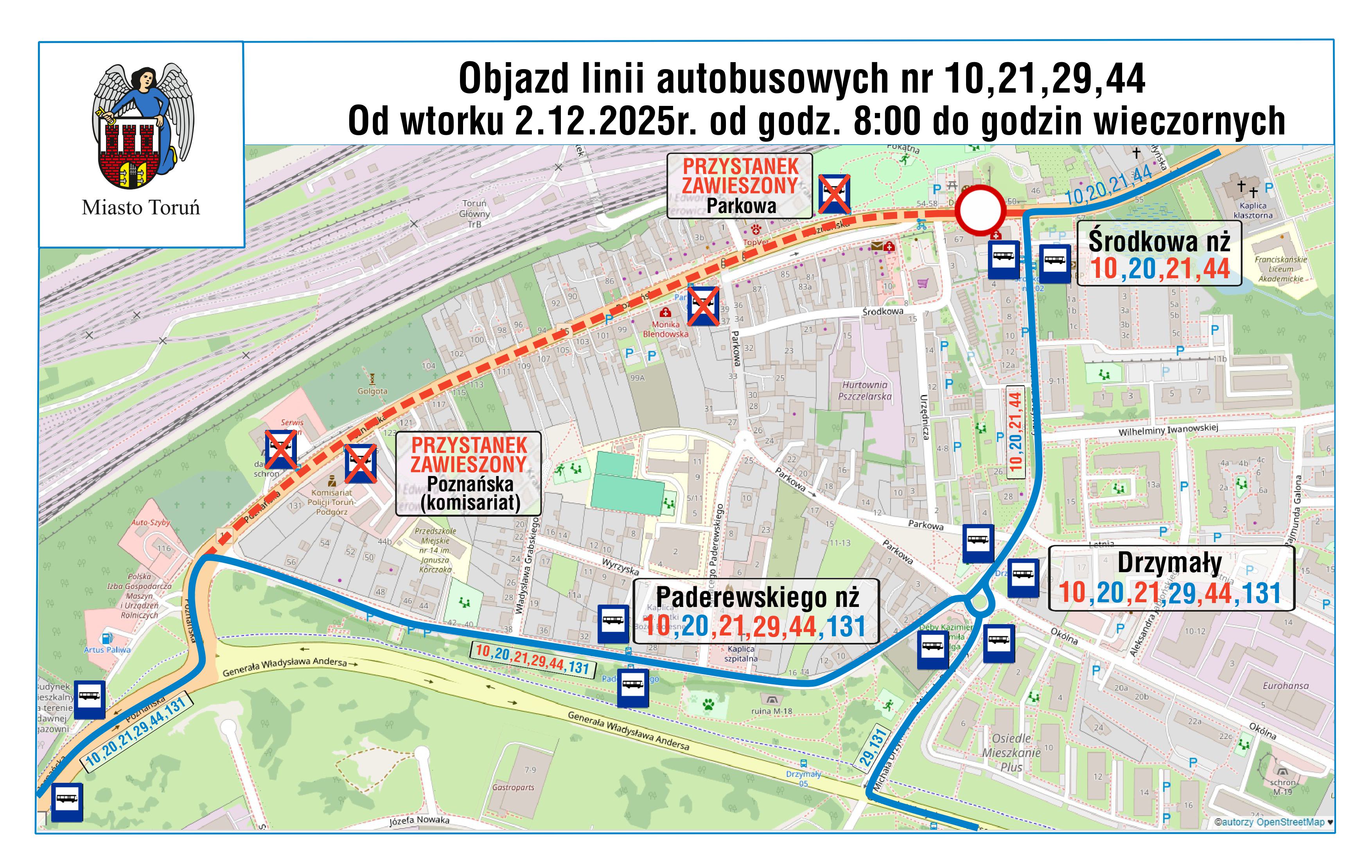 Objazd linii autobusowych nr 10,21,29,44. Od wtorku 2.12.2025 r. od godz. 8:00 do wieczora