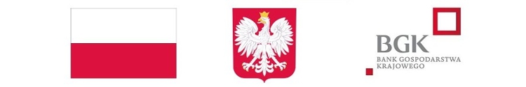 Pasek logotypów: flaga Polski, godło Polski, logo BGK