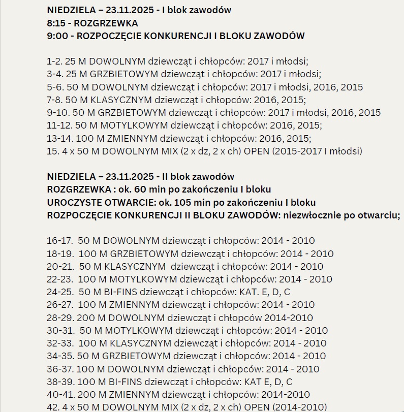 Program zawodów "Pływam na medal" 23.11.2025 r.