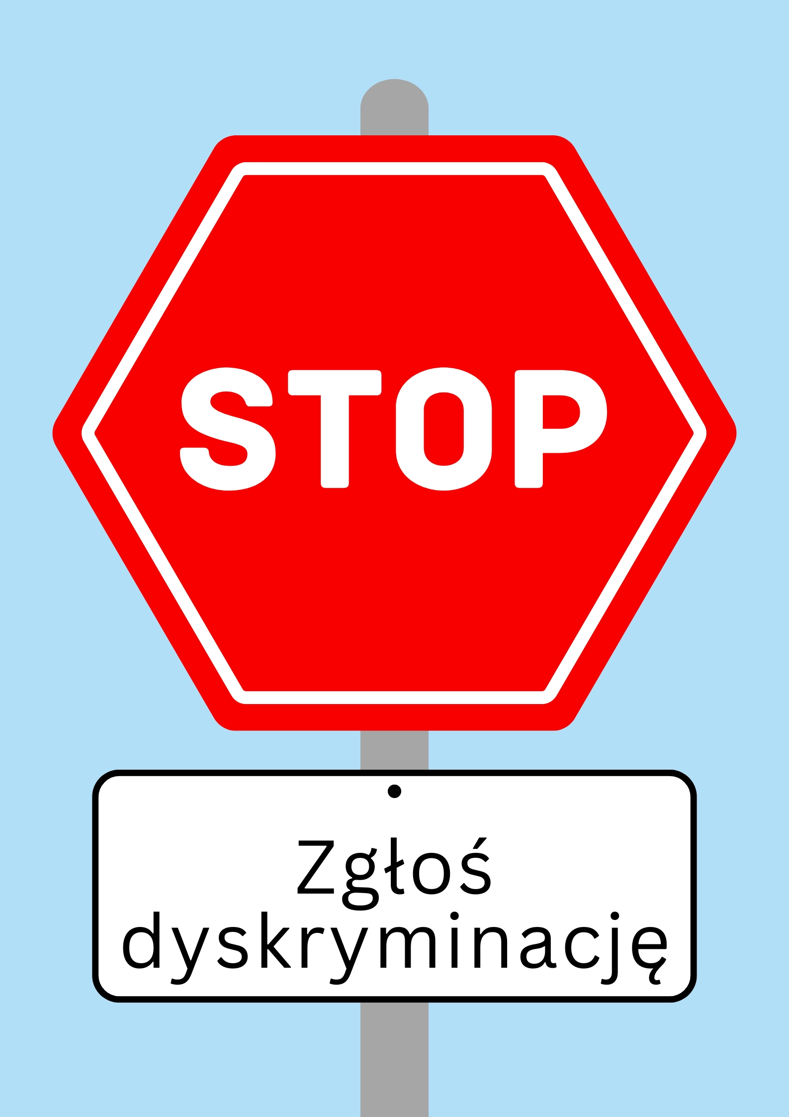 Plakat informujący o możliwości zgłoszenia dyskryminacji w Toruniu