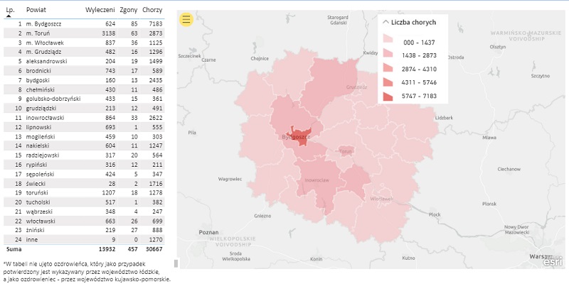 Na zdjęciu: mapa i dane epidemiczne dot. pandemii COVID-19 w Toruniu