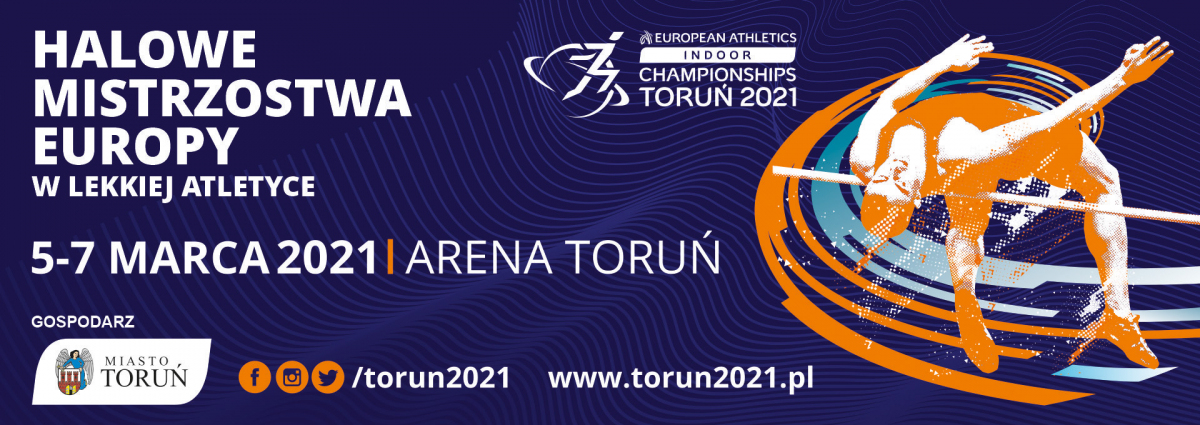 Napis Halowe Mistrzostwa Europy w Lekkiej Atletyce Toruń 2021. Granatowe tło. Po prawej grafika - skoczek wzwyż pokonuje poprzeczkę.