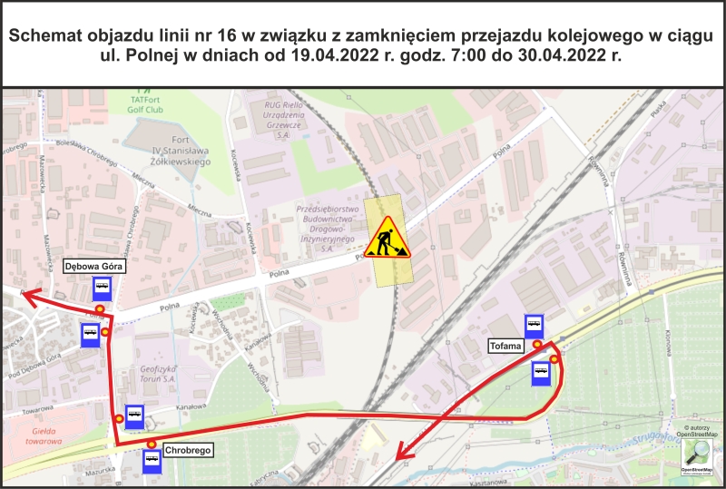 Schemat objazdu linii nr 16 w związku z zamknięciem przejazdu kolejowego w ciągu ul. Polnej