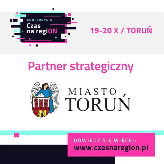 Logo konferencji Czas na regiON. PArtner strategiczny: Miasto Toruń. Herb Torunia.