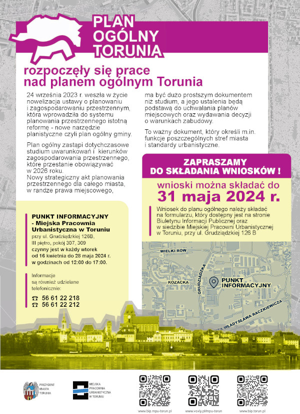 Afisz informacyjny. Napis: Zapraszamy do składania wniosków do 31 maja 2024 r. W tle fragment mapy Torunia.