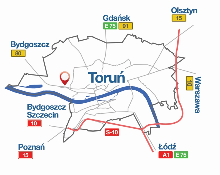 Działka na mapie dojazdowej Torunia