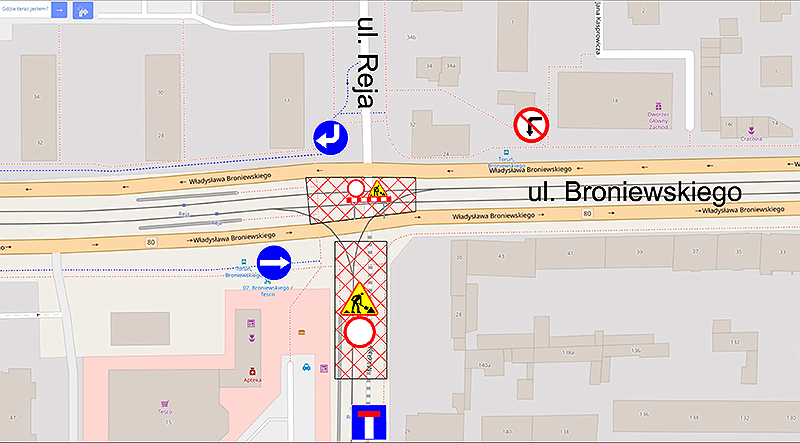 Mapka przedstawiająca ograniczenia w ruchu na skrzyżowaniu Kliknij w obrazek, aby powiększyć