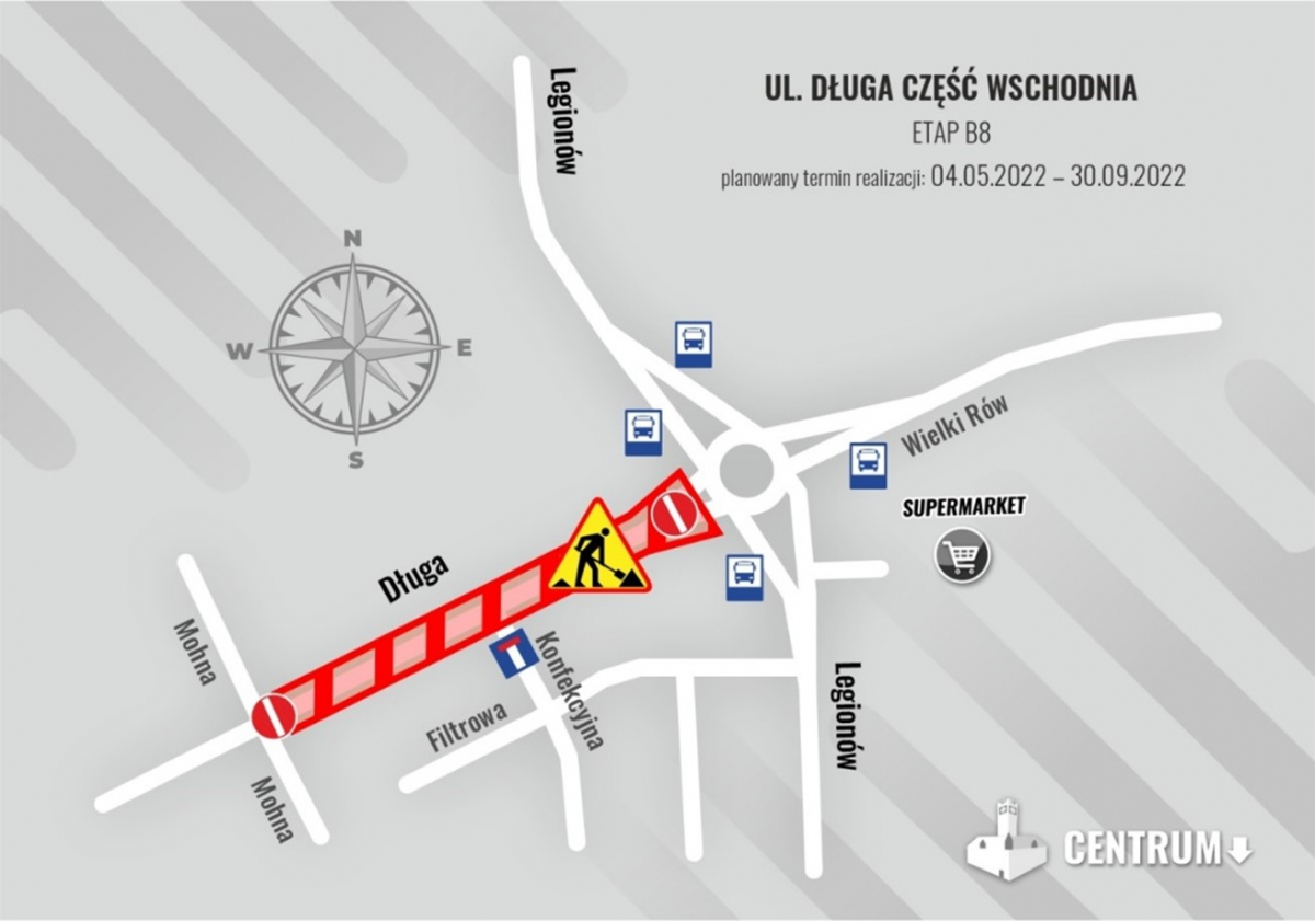 Schemat przedstawiający zmiany w ruchu drogowym na ul. Długiej
