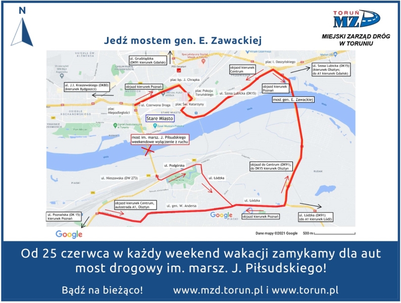 Zmiana organizacji ruchu w weekendy - objazd mostem im. gen. Zawackiej