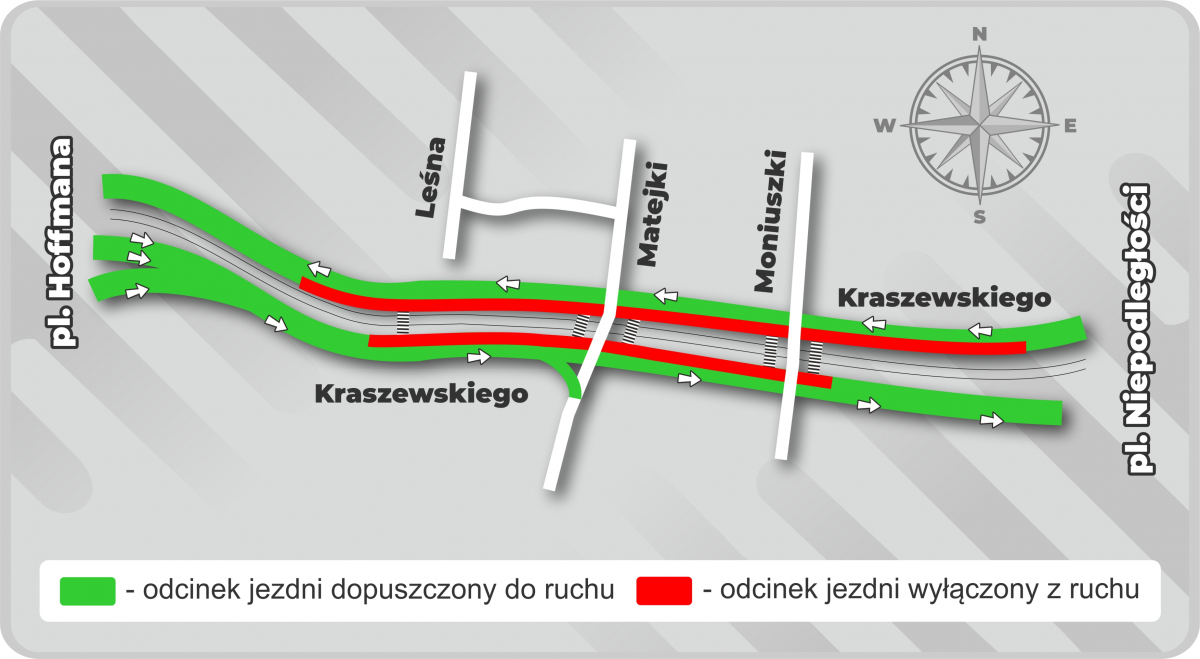 Mapa przedstawiająca zmianę organizacji ruchu w rejonie Kraszewskiego Na zdjęciu: mapa przedstawiająca zmianę organizacji ruchu w rejonie Kraszewskiego