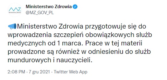 Twitter Ministerstwa Zdrowia 7/12/2021 - obowiązek szczepień