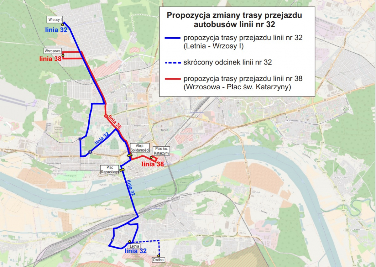 Mapa z zaznaczoną trasą autobusów linii nr 32 i 38 Na zdjęciu: mapa z zaznaczoną trasą autobusów linii nr 32 i 38