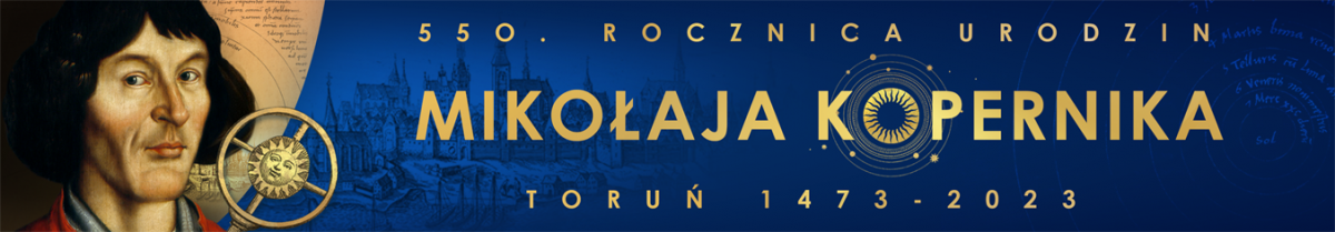 Twarz Mikołaja Kopernika i napis: 550. rocznica urodzin Mikołaja Kopernika.
