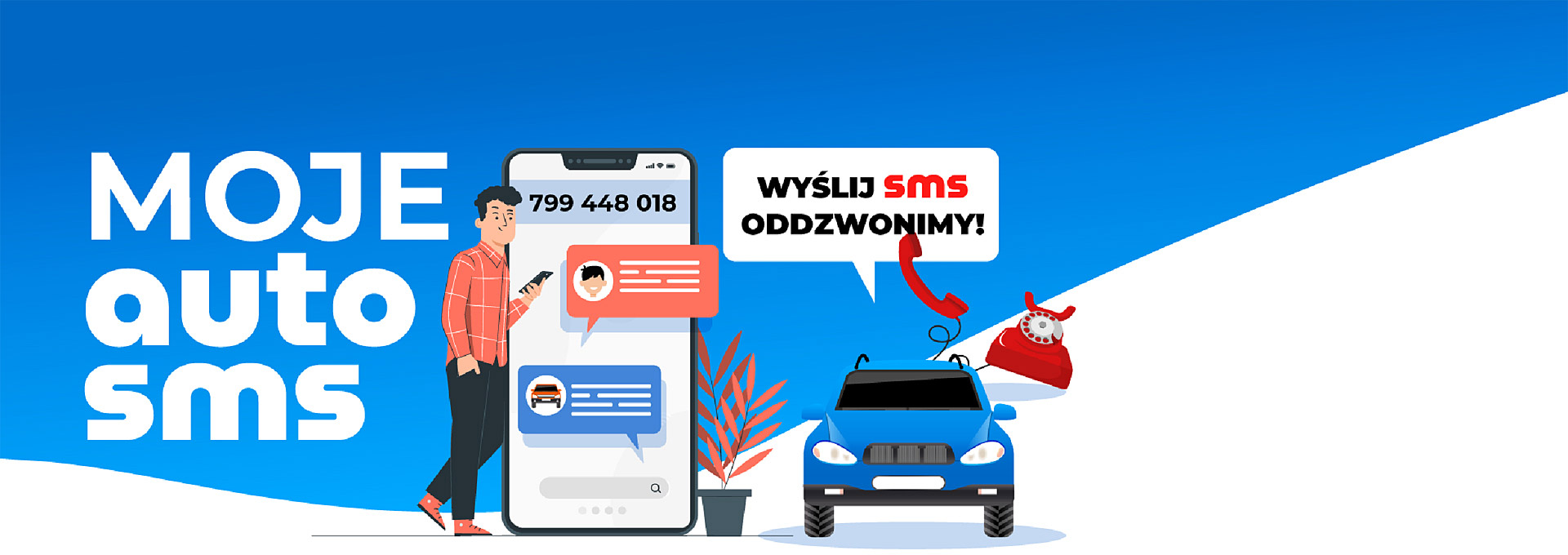 Biały napis Moje Auto SMS na niebieskim tle. Obok mężczyzna, smartfon wielkości człowieka i napis: wyślij SMS oddzwonimy.