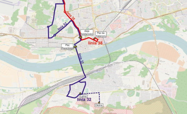 Schemat trasy autobusów linii nr 32 oraz 38