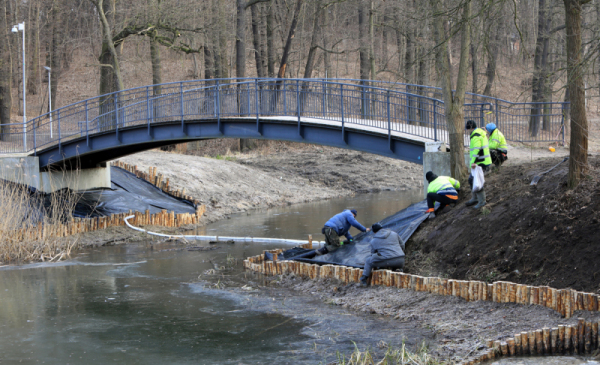 Na zdjęciu: prace umacniające skarpę przy mostku na Martówce w Parku Miejskim