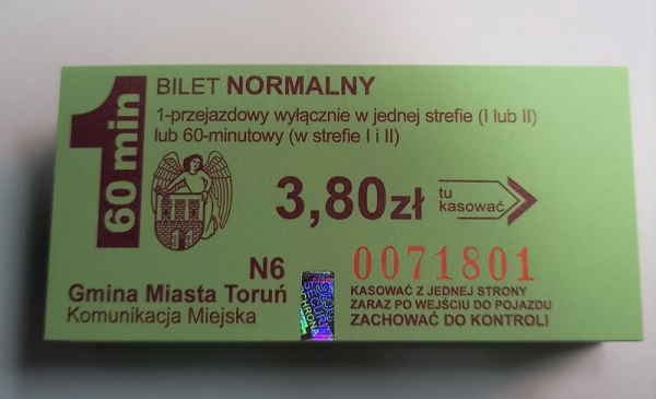 Zdjęcie przedstawia bilet MZK Toruń