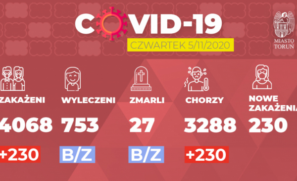 Grafika pokazuje liczbę zakażeń Covid-19 w Toruniu w dniu 5.11.2020 r.