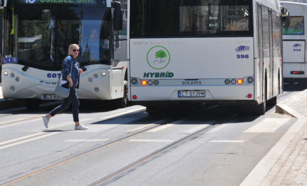 Na zdjęciu: autobusy MZK i przechodząca kobieta na przejściu dla pieszych