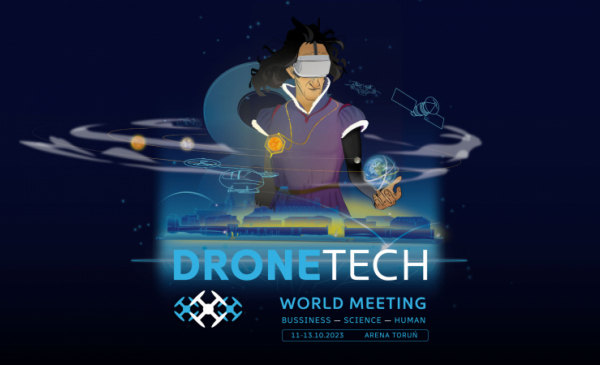 Plakat zapraszający na wydarzenie Dronetech 2023