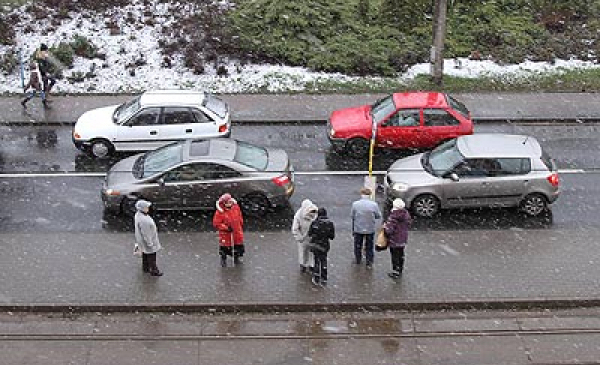 Pasażerowie stoją na przystanku tramwajowym, widać padający drobny śnieg, który od razu topnieje na ulicy