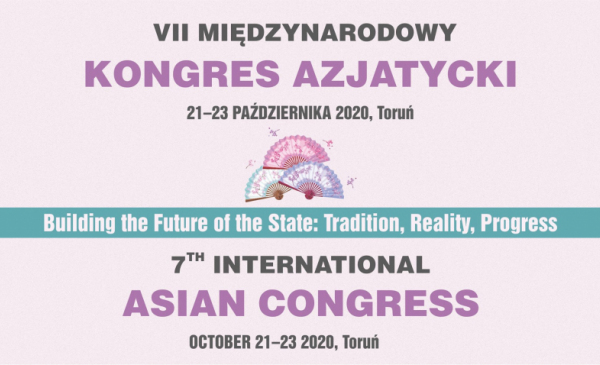 Plakat informujący w językacj polskim i angielskim o odbywającym się w formie zdalnej VII Międzynarodowym Kongresie Azjatyckim