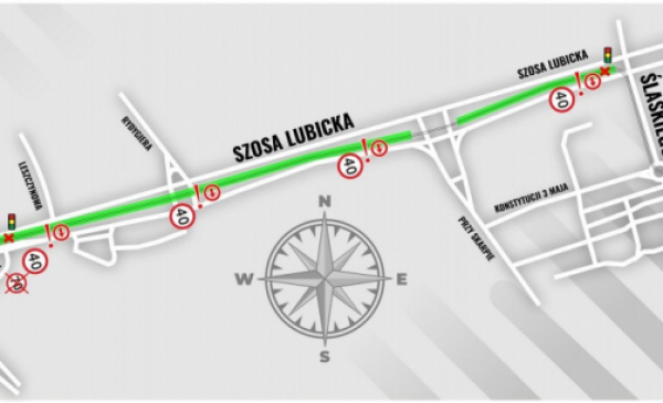Mapa pokazująca zmiany w ruchu drogowym przy Szosie Lubickiej