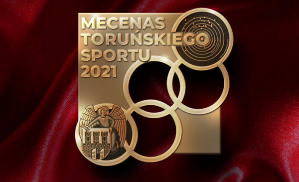 Medal pamiątkowy Mecenas Toruńskiego Sportu w kolorze mosiądzu na bordowym tle