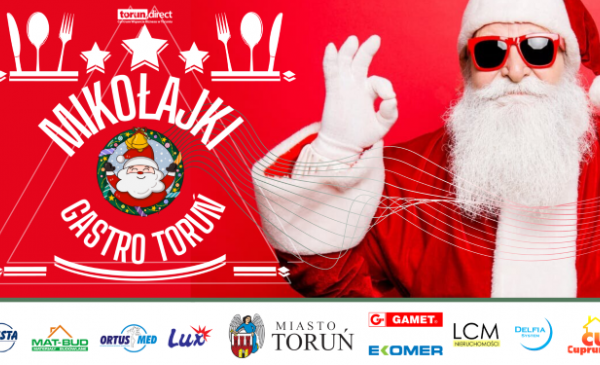 Plakat promujący akcję Mikołajki Gastro Toruń, na nim po prawej stronie św. Mikołaj z okularami przeciwsłonecznymi 