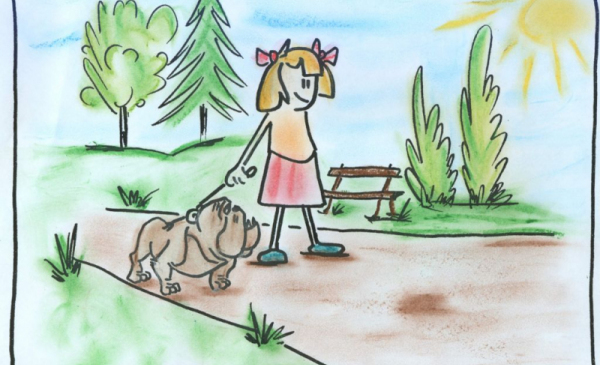 Zdjęcie przedstawia rysunek, na którym dziewczynka spaceruje po parku z psem.