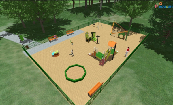 Grafika przedstawia projekt placu zabaw, jaki miałby powstać u zbiegu ulic Narcyzowej i Zagonowej