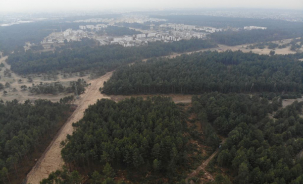 Na zdjęciu: widok z drona na las i w tle bloki tzw. osiedla Jar