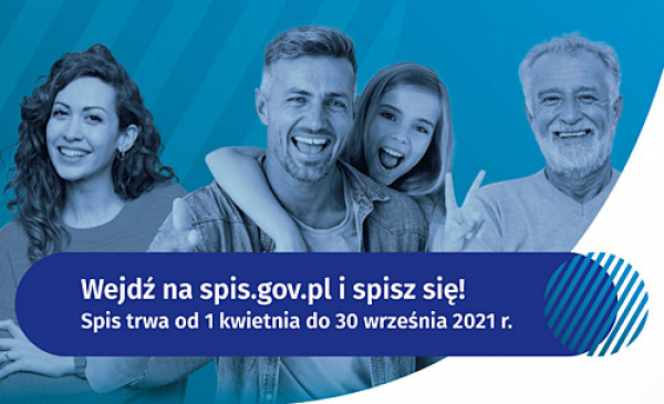 Grupa uśmiechniętych ludzi i napis: wejdź na spis.gov.pl i spisz się!