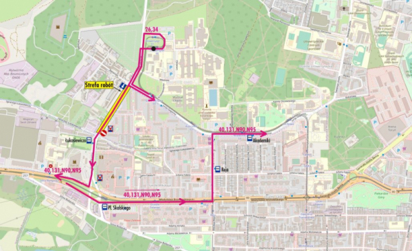 Mapa objazdu komunikacji miejskiej na ul. Szosa Okrężna
