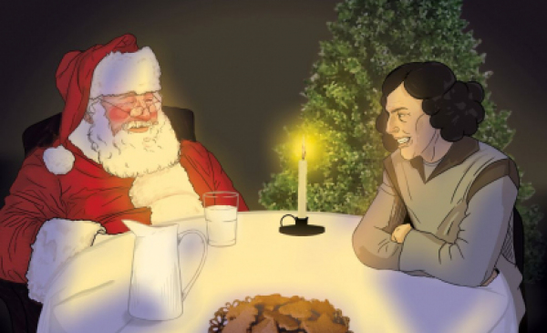 Grafika przedstawia Świętego Mikołaja siedzącego przy stole ze starszą panią