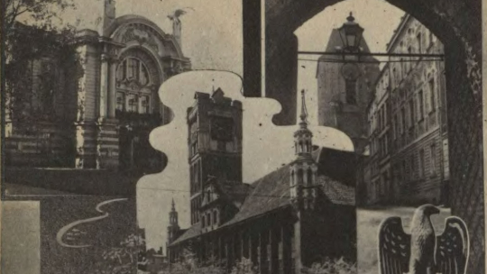 Pocztówka wieloobrazkowa z okresu II wojny światowej, przedstawiająca Ratusz Staromiejski, Teatr Miejski, fragment ulicy Żeglarskiej. Motyw hitlerowski = Orzeł Rzeszy