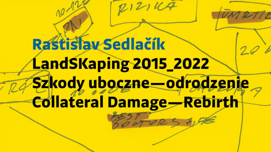 Plakat wystawy Rastislava Sedlačíka - napisy na żółtym tle