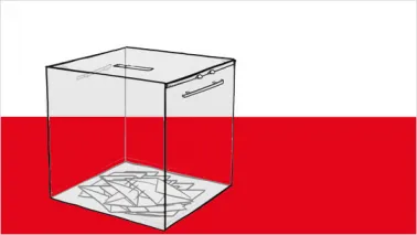 Przezroczysta urna wyborcza na białoczerwonym tle.