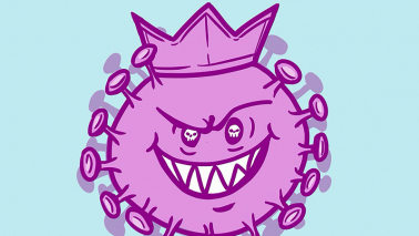 Grafika przedstawiająca w zabawny sposób różowego koronawirusa