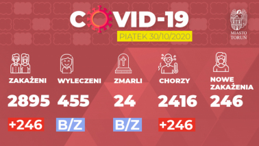 Grafika pokazuje dane dotyczące zakażenia Covid-19 w Toruniu, 30.10.2020