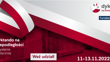 Grafika z flagą biało-czerwoną informuje o dyktandzie z okazji Święta Niepodległości