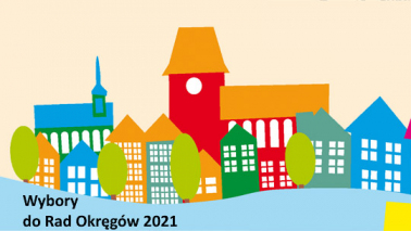Grafika ilustracyjna. Rysunkowa panorama Torunia i napis: wybory do Rad Okręgów 2021.