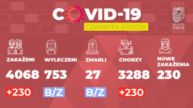 Grafika pokazuje liczbę zakażeń Covid-19 w Toruniu w dniu 5.11.2020 r.