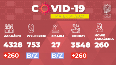 Grafika pokazuje liczbę zakażeń Covid-19 w Toruniu w dniu 6.11.2020 r.